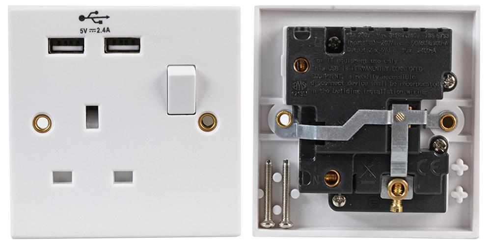 13A 1-Gang Switched Mains Socket with 2x 2.4A USB Sockets