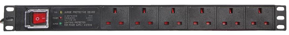 6 Way UK PDU with UK Plug and Surge Protection, 19" 1U