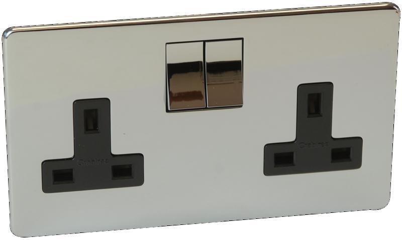 Polished Chrome 2 Gang 13A DP Switched Socket, Screwless Flat Plate