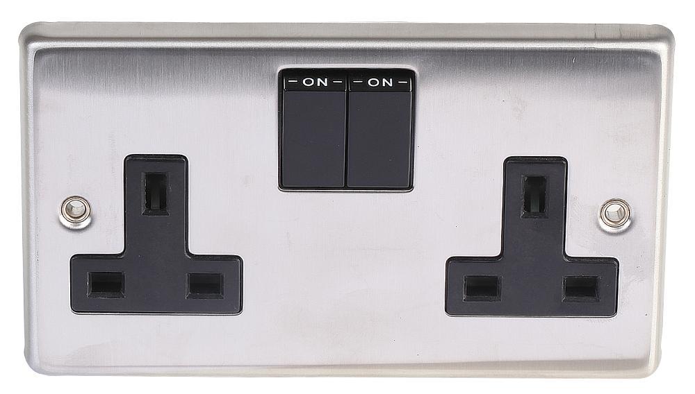 VOLEX ACCESSORIES 2 Gang DP 13A Switched Socket, Brushed Stainless Steel / Black