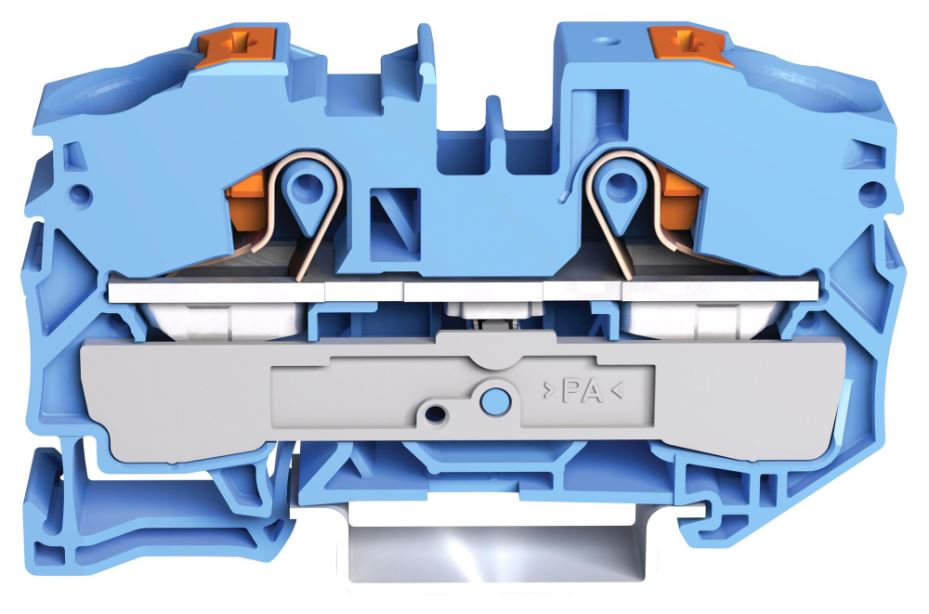 2 Conductor Through Terminal Block with Push Button and Test Port, 800V, 76A, 20AWG to 6AWG, Blue