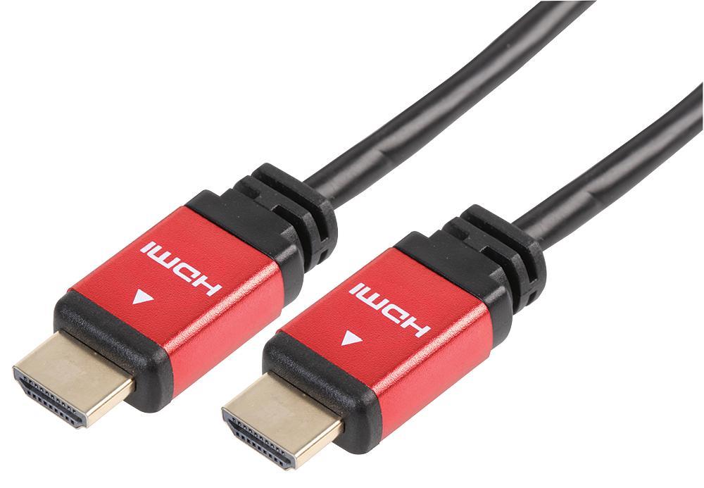 HDMI Lead with Ethernet, Male to Male, Red Metal Heads, Black