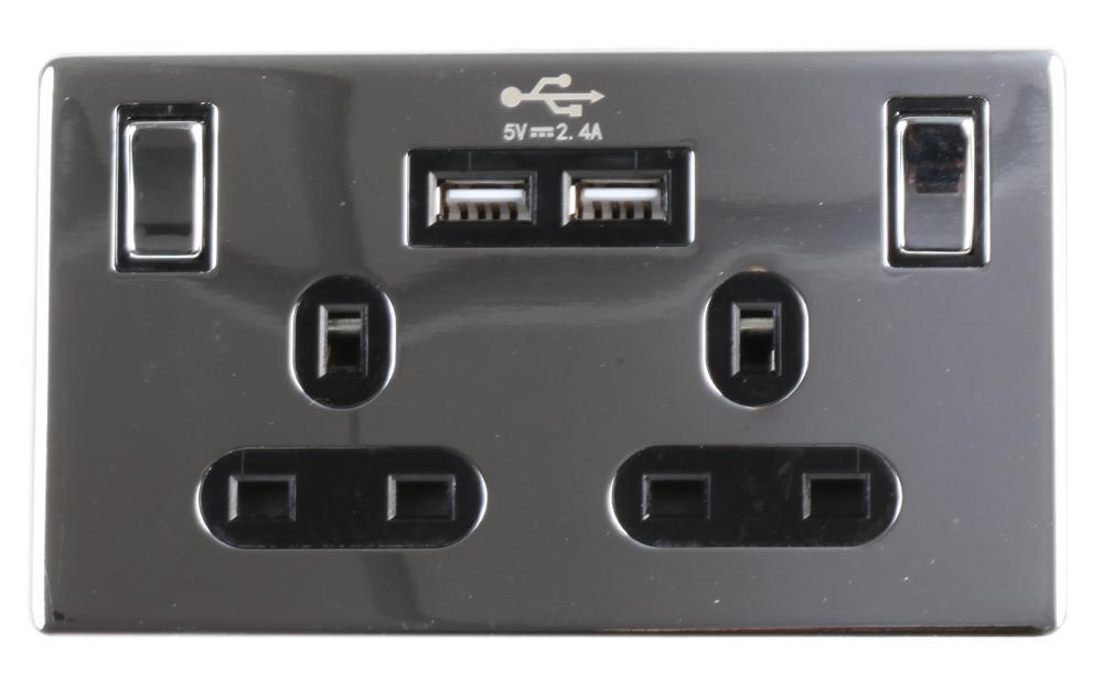 Screwless Switched Socket with 2x USB Ports - 2 Gang