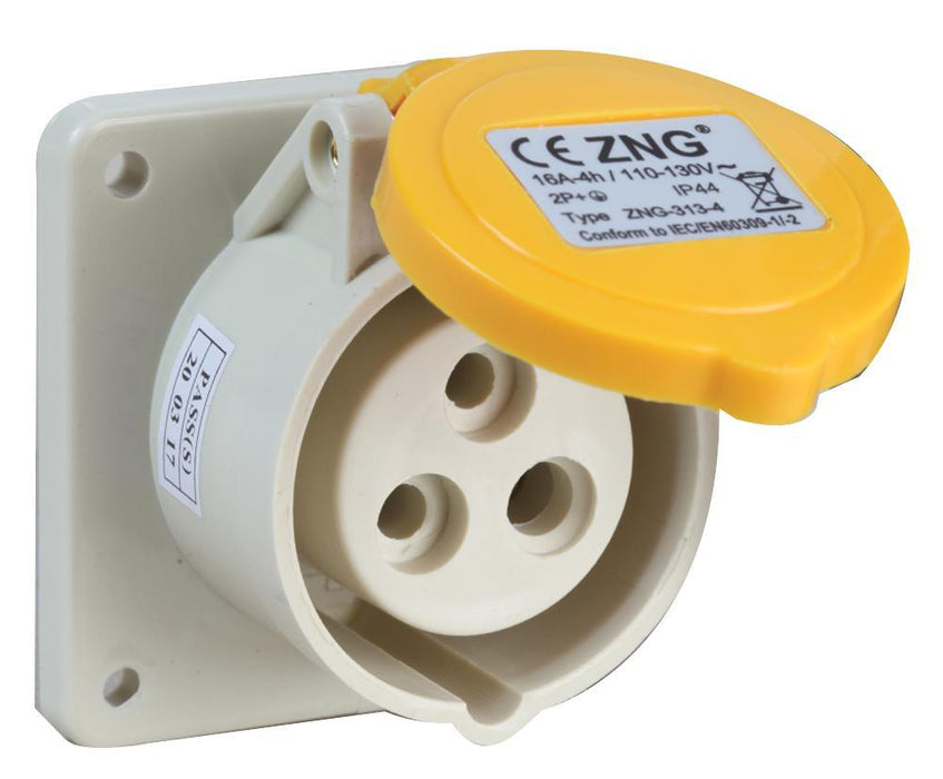 110V, Panel Mount CEE Socket, 2P+E, Yelow, IP44