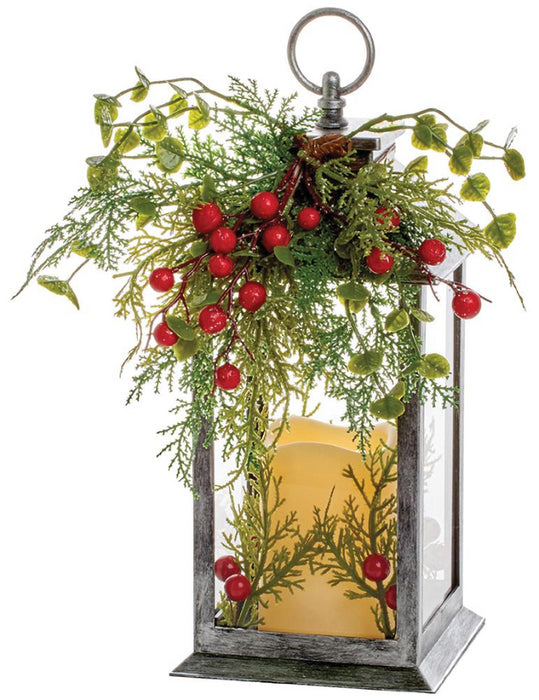 LED Candle & Berries Christmas Lantern, 310mm