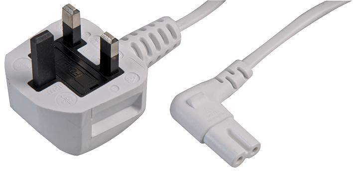 UK Plug to Right Angled Figure 8 (C7) Power Cable, White