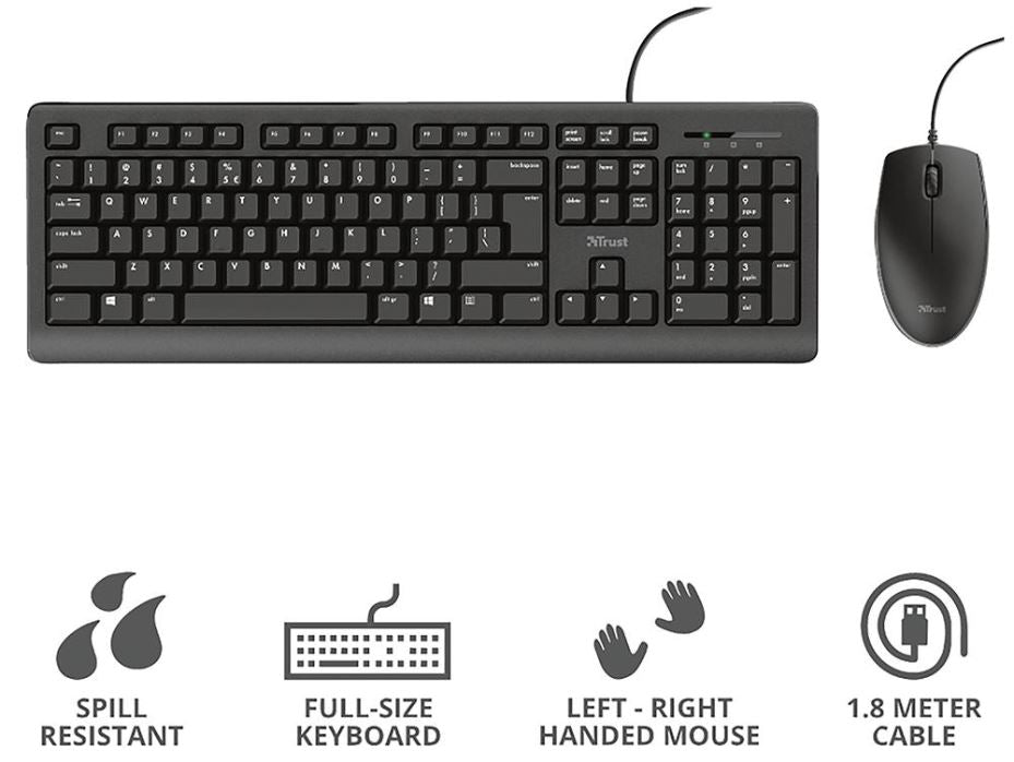 Primo Wired USB Keyboard & Mouse Deskset, Black Retail Packed