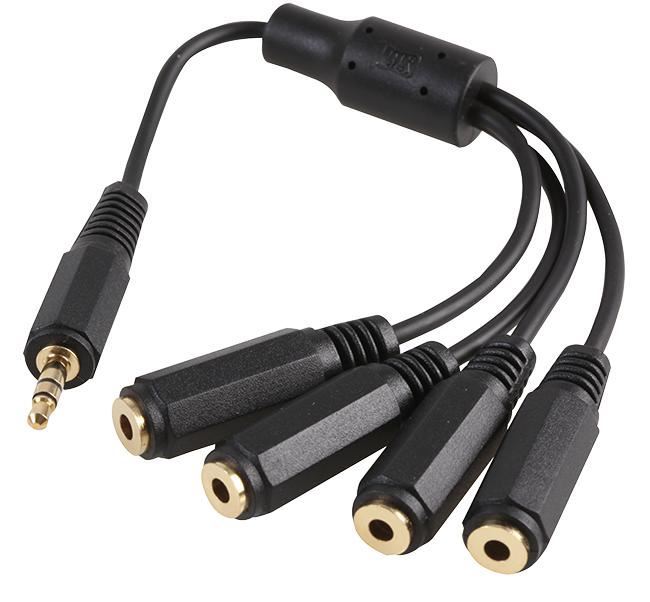 3.5mm Stereo Jack Plug to 4x Sockets Lead, 150mm Black