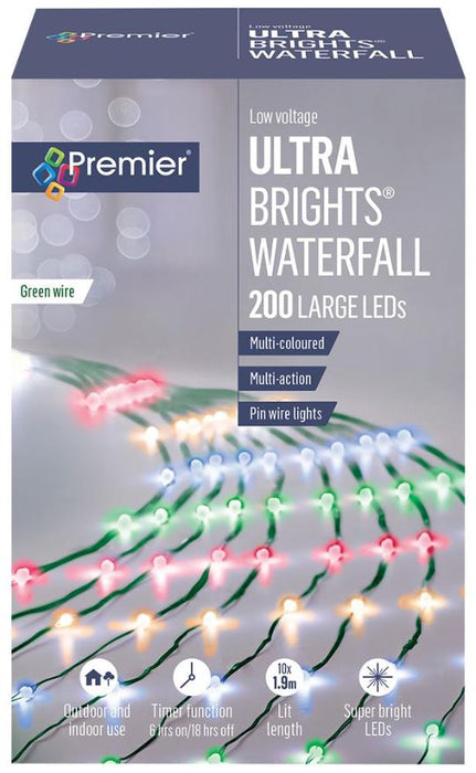 200 LED Multi-Coloured Ultrabright Waterfall / Tree Net Lights with Timer, 6.9m