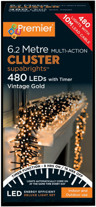 480 LED Multi Action Vintage Gold Cluster Christmas Lights with Timer