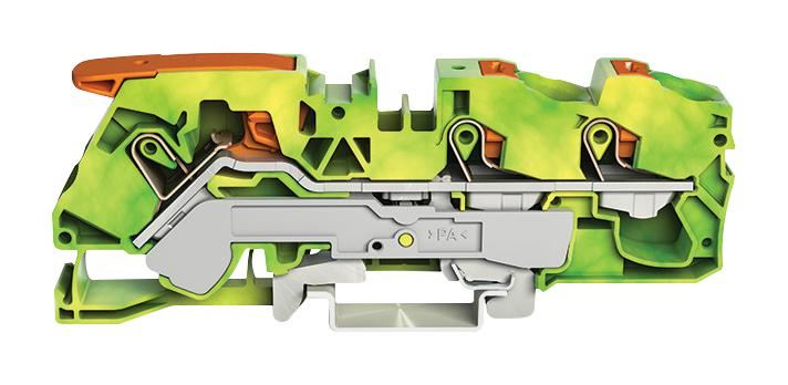 3 Conductor Through Terminal Block with Lever and Push Button Cage Clamp, 800V, 76A, 20AWG to 4AWG, 35mm DIN Rail, Green