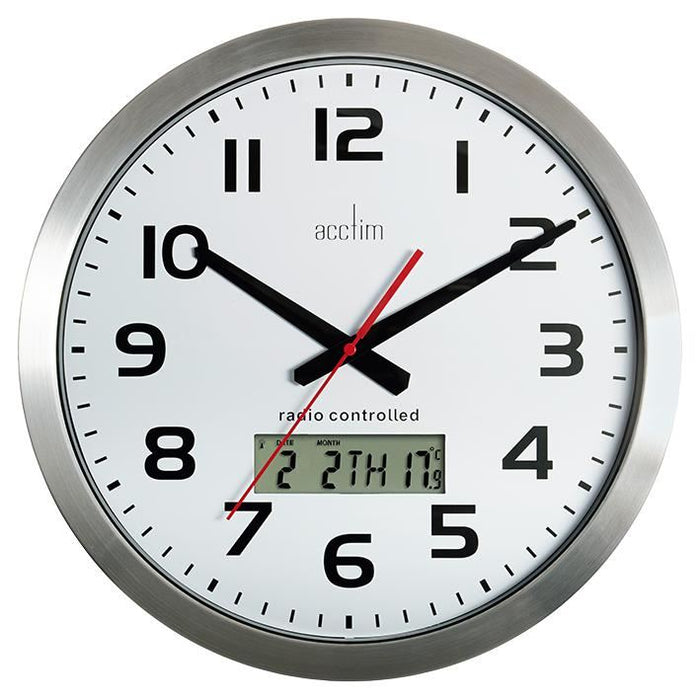 Radio Controlled Analogue Wall Clock with LCD Display 38cm - Silver