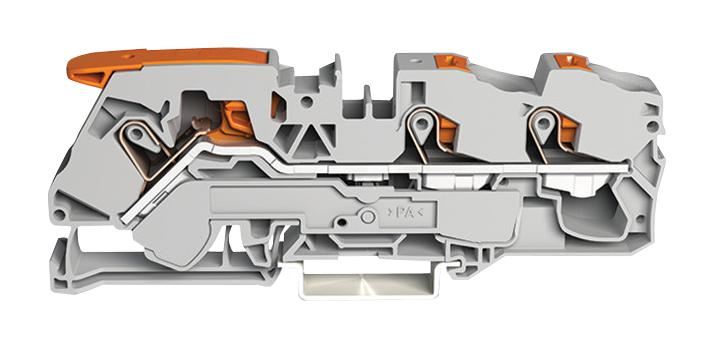 3 Conductor Through Terminal Block with Lever and Push Button Cage Clamp, 800V, 76A, 20AWG to 4AWG, 35mm DIN Rail, Grey