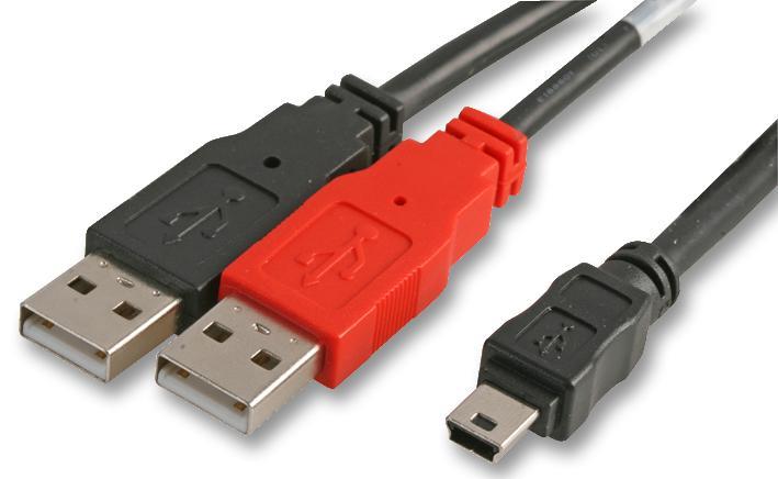 USB 2.0 Mini B Male to 2x USB A Male Y Splitter Lead, 2m