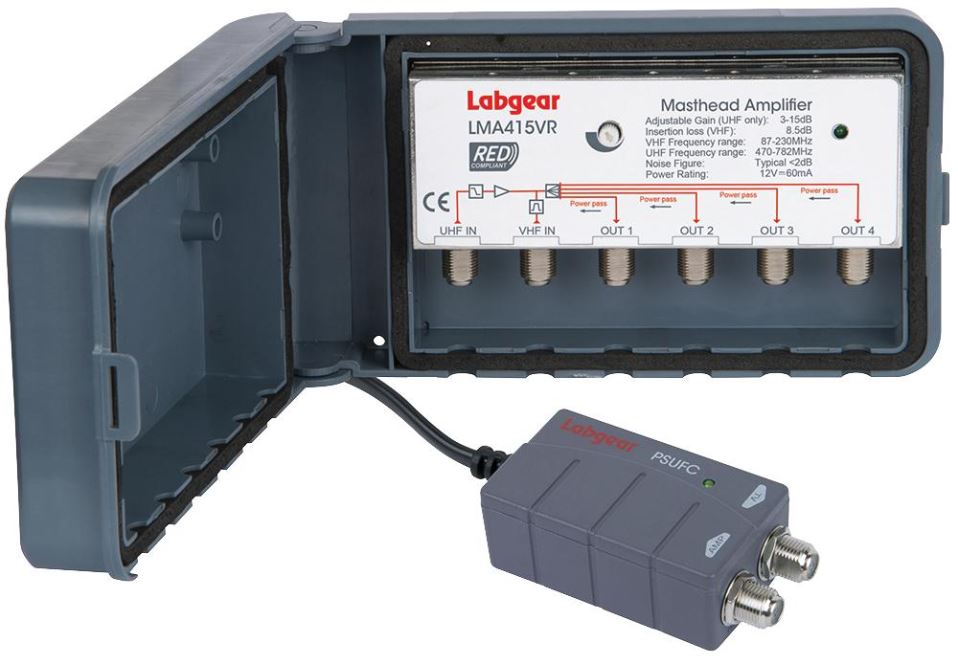 Masthead 4-Way Amplifier 0 - 15dB with PSU, LTE800 Filter, RED Compliant