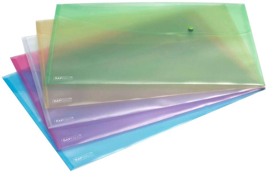 A3 Plastic Popper Document Wallets - Pack of 5 Assorted Pastel Colours