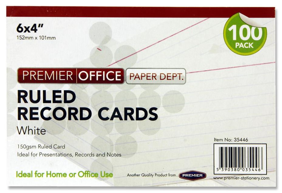 152mm x 101mm Ruled Record Cards, White 100 Pack