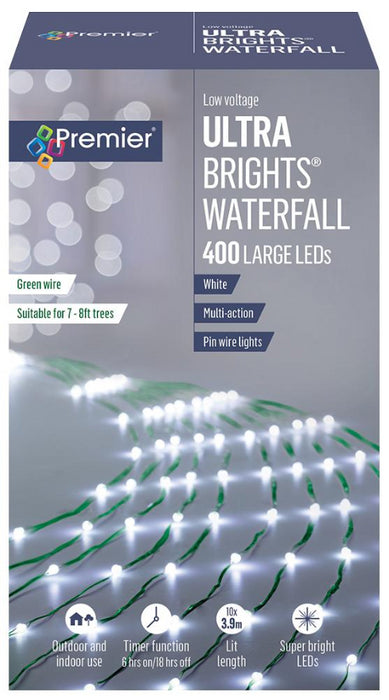 Raraion - 400 LED White Waterfall Pin Wire Ultrabrights with Timer, 2.5m