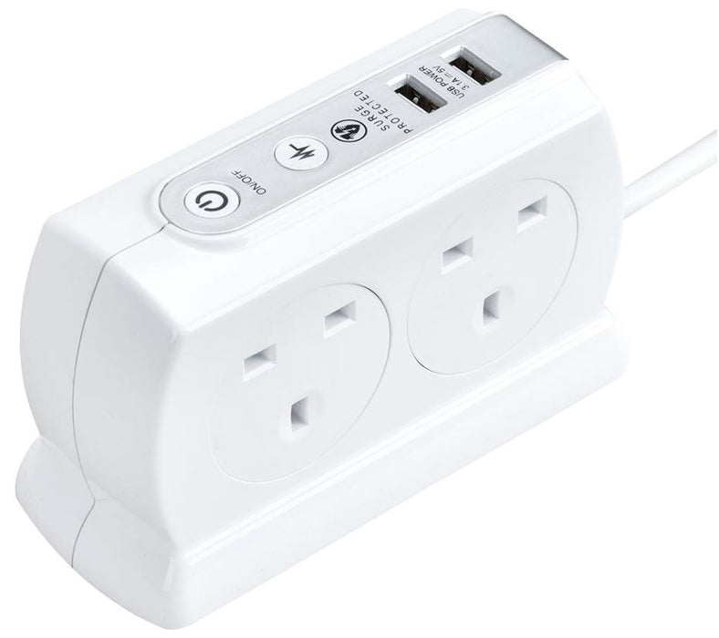 4-Gang Mains Extension Lead with 2x USB Charging Ports, 2m, White