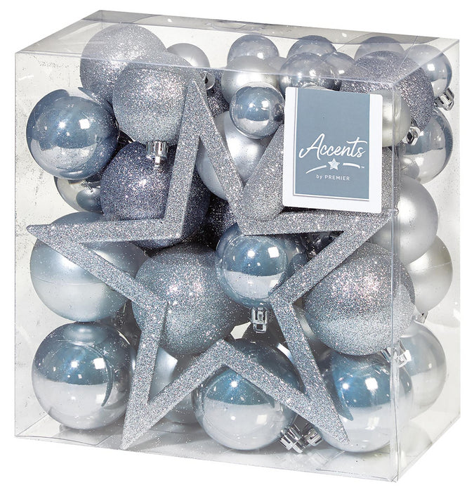 Assorted Decoration Pack with Tree Top Star, 50pc, Grey & Silver