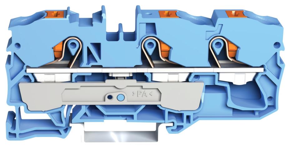 3 Conductor Through Terminal Block with Push Button and Test Port, 800V, 57A, 20AWG to 6AWG, Blue