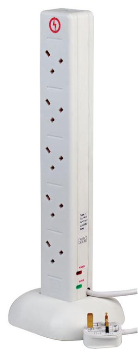 10-Gang Surge Protected Tower Mains Extension with USB, 1m White