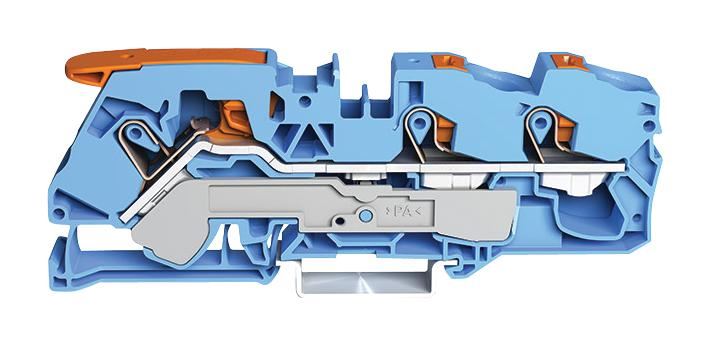 3 Conductor Through Terminal Block with Lever and Push Button Cage Clamp, 800V, 76A, 20AWG to 4AWG, 35mm DIN Rail, Blue