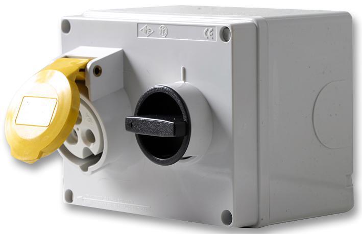 16A, 110V, Switched Interlocked CEE Socket, 2P+E, Yellow, IP44