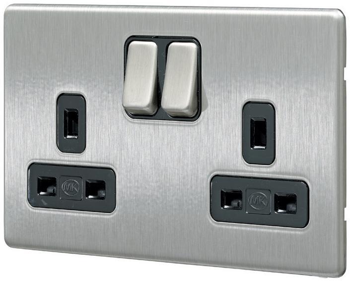 MK 13A 2 Gang Switched Socket with Dual Earth Brushed Stainless Steel / Black