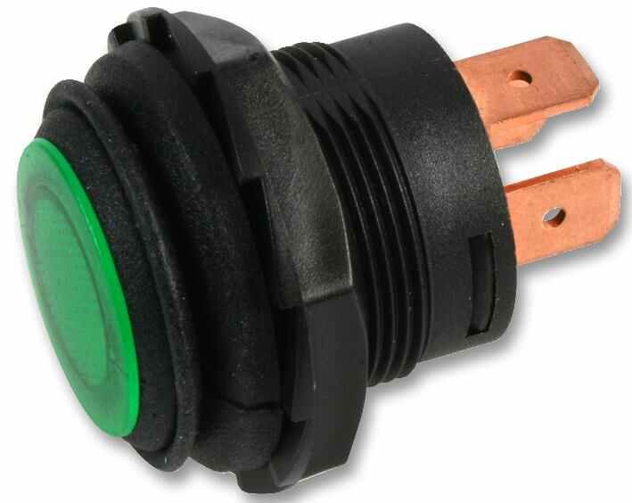 MULTICOMP Waterproof Push Button Switch with Green LED SPST, Momentary, Off - On