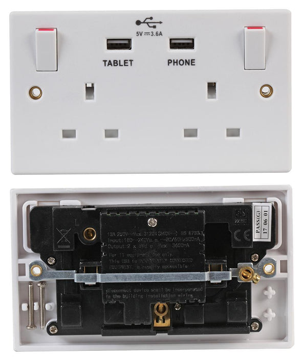 2-Gang Switched Mains Socket with 2x USB Sockets, 13A