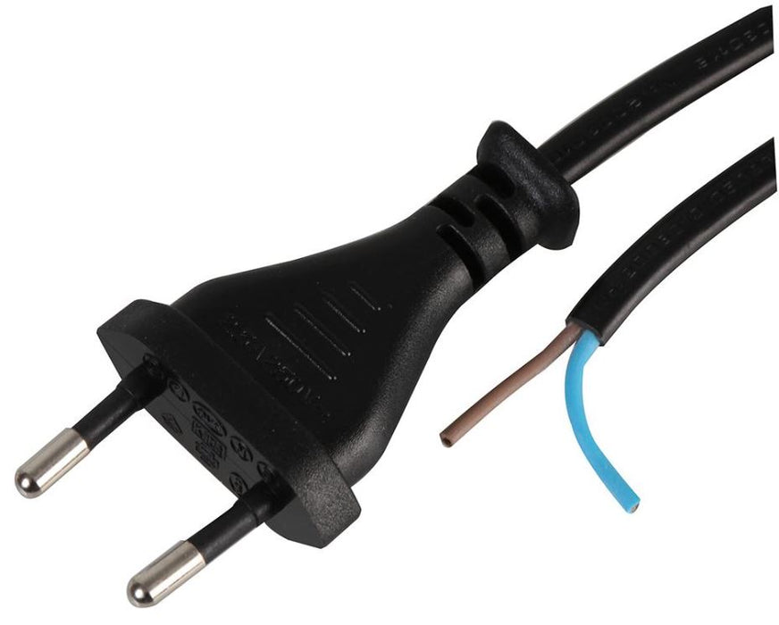 2-Pin European Plug to Bare Ends Power Cable, 2m Black