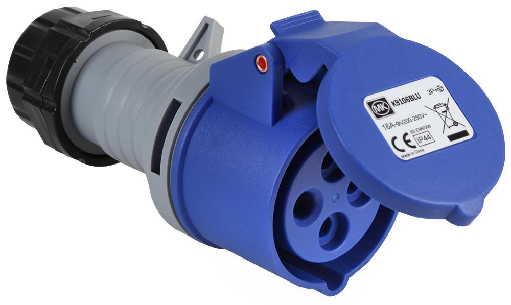 16A, 250V, Cable Mount CEE Socket, 3P+E, Blue, IP44