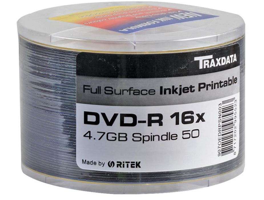 16x Speed Inkjet Printable DVD-R Blank DVDs - Spindle 50 Pack