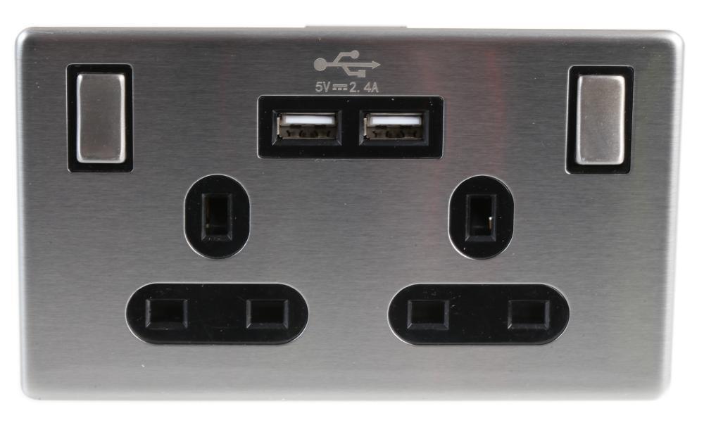 Screwless Switched Socket with 2x USB Ports - 2 Gang