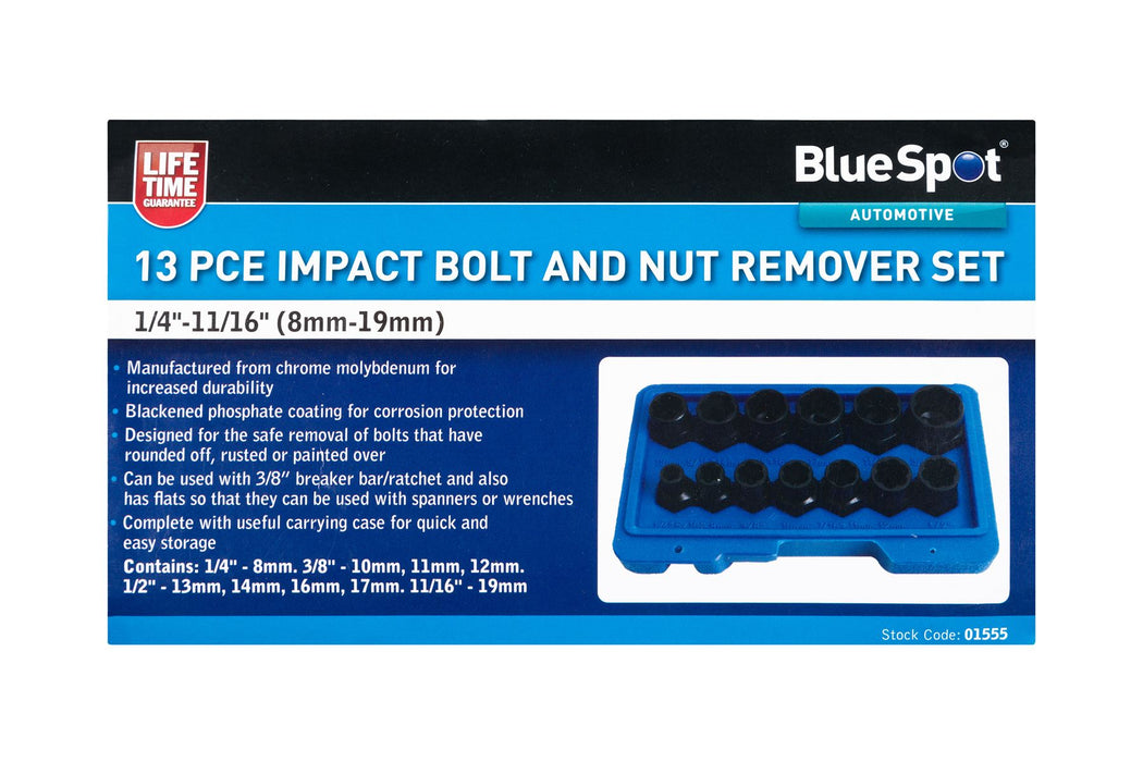 13 PCE Impact Bolt And Nut Remover Set (1/4"-11/16")(8mm-19mm)