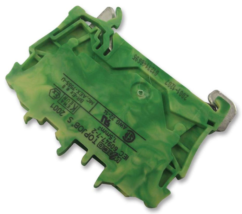 2 Way 18A 800V DIN Rail Mount Terminal Block, 20-14AWG, 1.5mm² - Green/Yellow