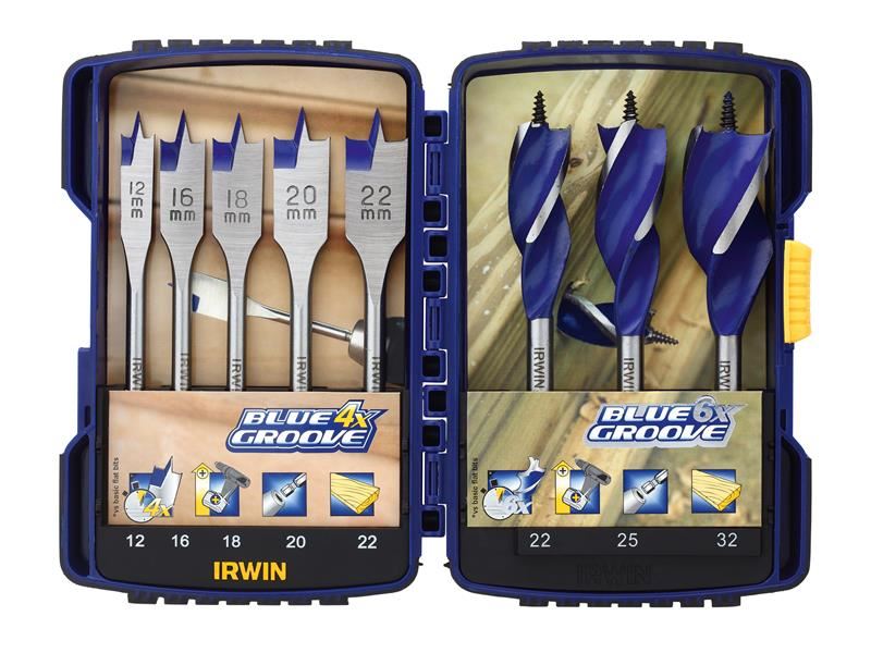 Blue Groove Auger & Flat Drill Bit Set, 8 Piece