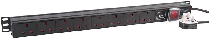 1U 8 Way 13A Mains Sockets to Plug Vertical Surge Protected PDU