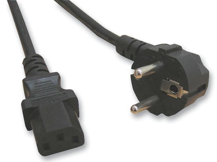 PRO ELEC - Right Angled Schuko Plug to IEC C13 Socket Mains Lead, Black, 2.5m