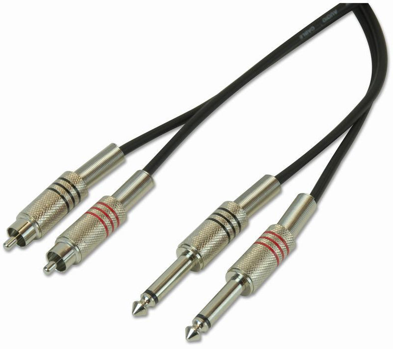 2x 6.35mm (1/4") Mono Jack Plug to 2x Phono (RCA) Plug Lead 3m Black