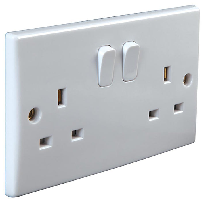 Switched 2-Gang, Single-Pole Mains Socket, Round Edge, 13A, 250V