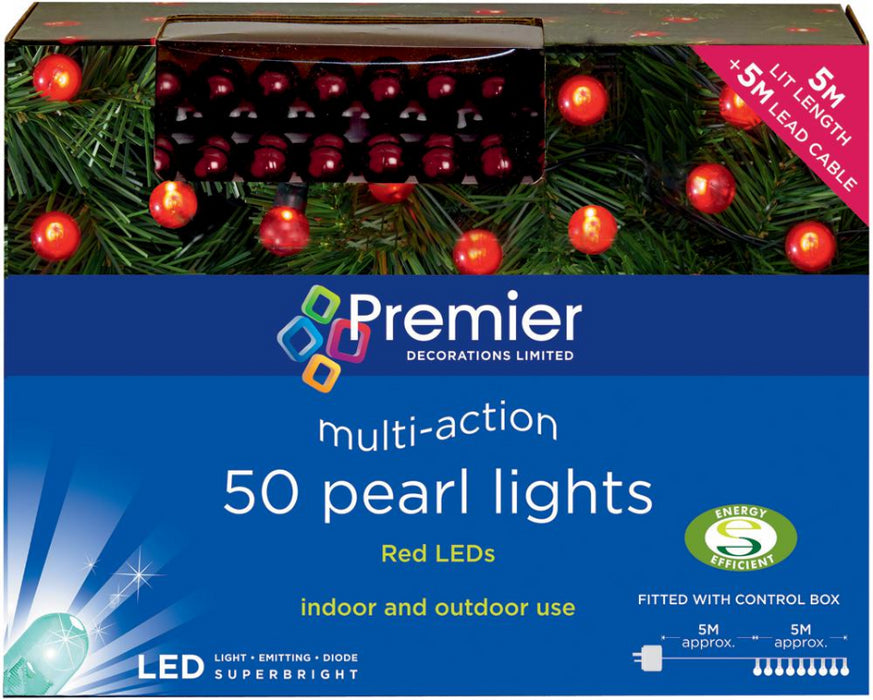 50 LED Pearl Lights, Multi-Action, Red, 4.9m