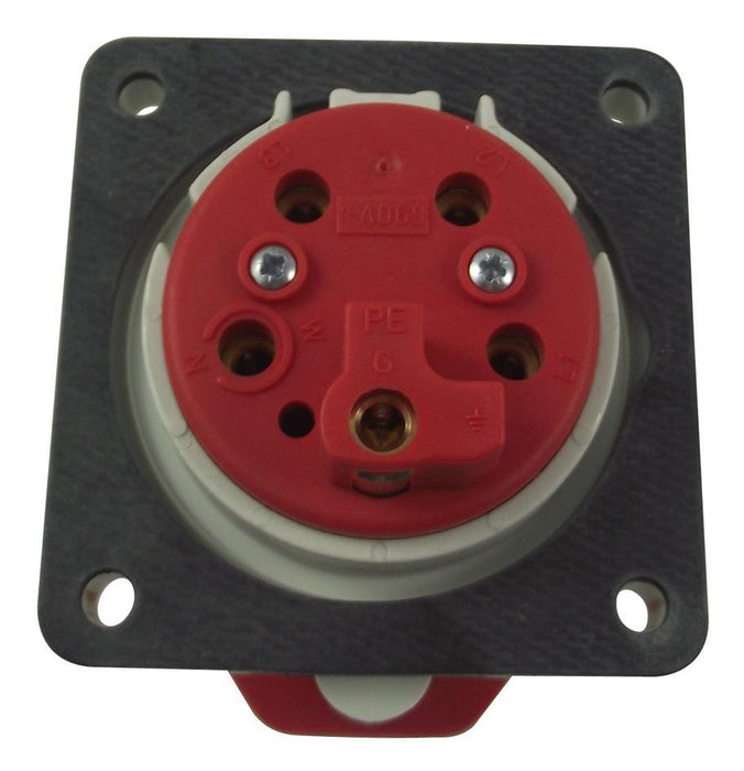 32A, 415V, Panel Mount CEE Socket, 3P+N+E, Red, IP44