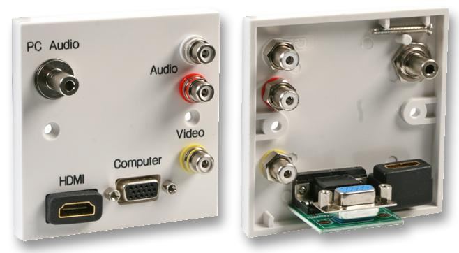 1 Gang AV Wallplate Plug & Play White - 1x Phono (CV), 2x Phono (Stereo Audio), PC Audio, VGA & HDMI