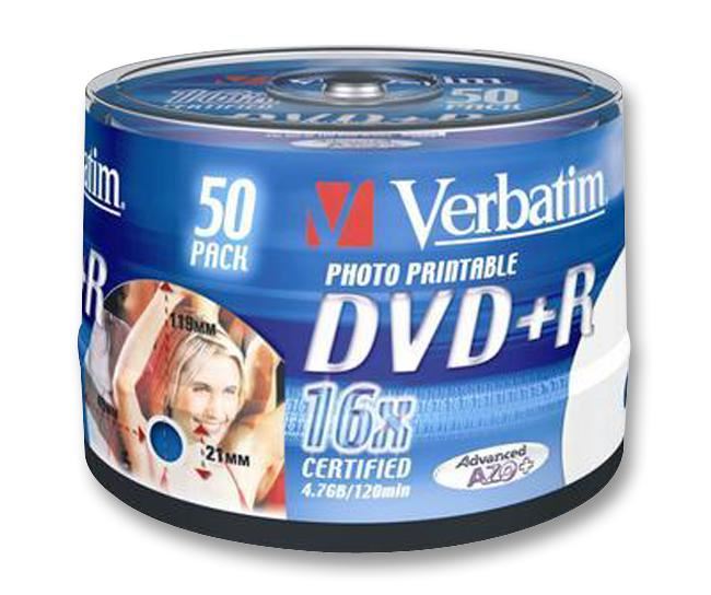 16x Speed DVD+R Wide Inkjet Printable Blank DVDs - 50 Pack Spindle