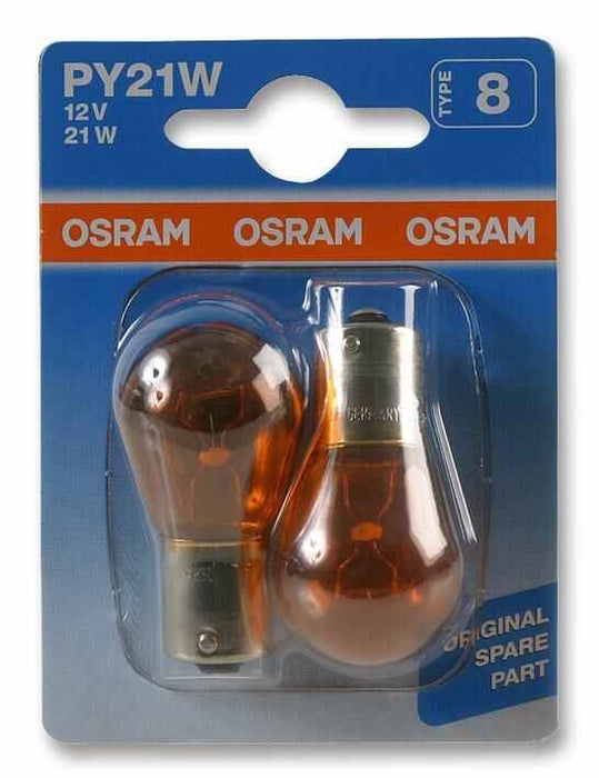 OSRAM - 12V 21W PY21W BAU15s Car Side / Tail Light Bulb Amber (Twin Pack)