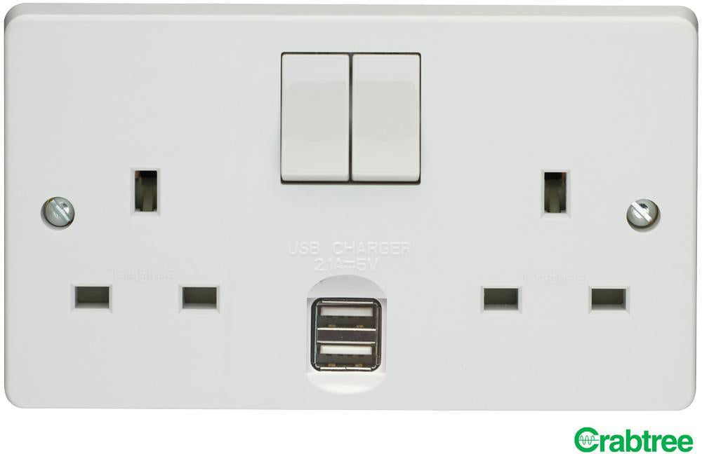 13A 2 Gang, Double Pole Switched Socket with 2x USB Charging Ports