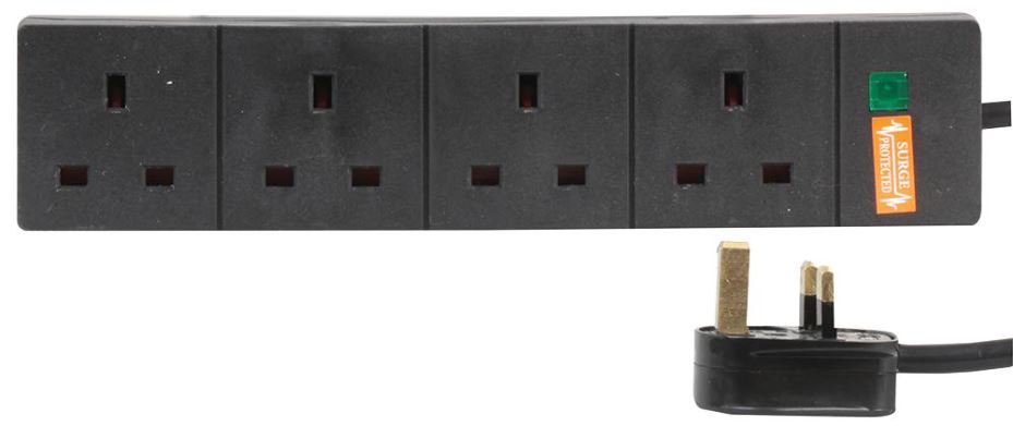 4 Gang Surge Protected Mains Extension Lead - Black