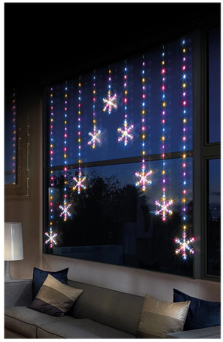 Premier - Rainbow Pin Wire LED 1.2m V Curtain, Snowflake Pattern